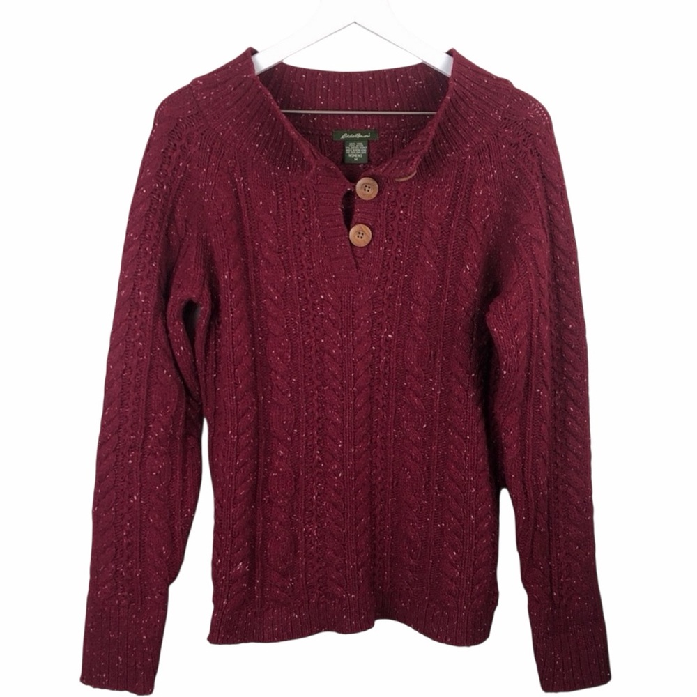 Eddie Bauer Burgundy‎ Cable Knit Cardigan with Wooden Buttons